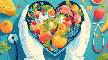 Flat design of heart shaped bowl of variety of fresh vegetables and fruit, held in two handed style with stethoscope, health symbol for healthy lifestyle