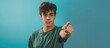 © vxnaghiyev - Attractive young man pointing towards you a portrait of a boy in a green t shirt gazing at the camera against a blue background. with copy space image. Place for adding text or design