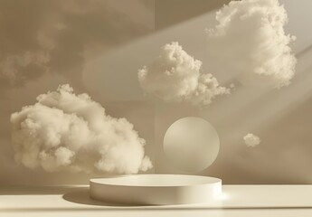 Pedestal and Delicate fluffy clouds, white soapy foam. 3d render illustration. Podium for brand promotion product. White gray background for cosmetic presentation. Stand base mockup	
