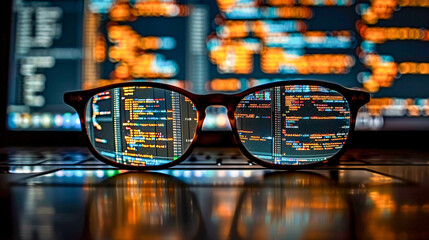 Programmer working late at night is reflected in a pair of eyeglasses as they code on a laptop screen