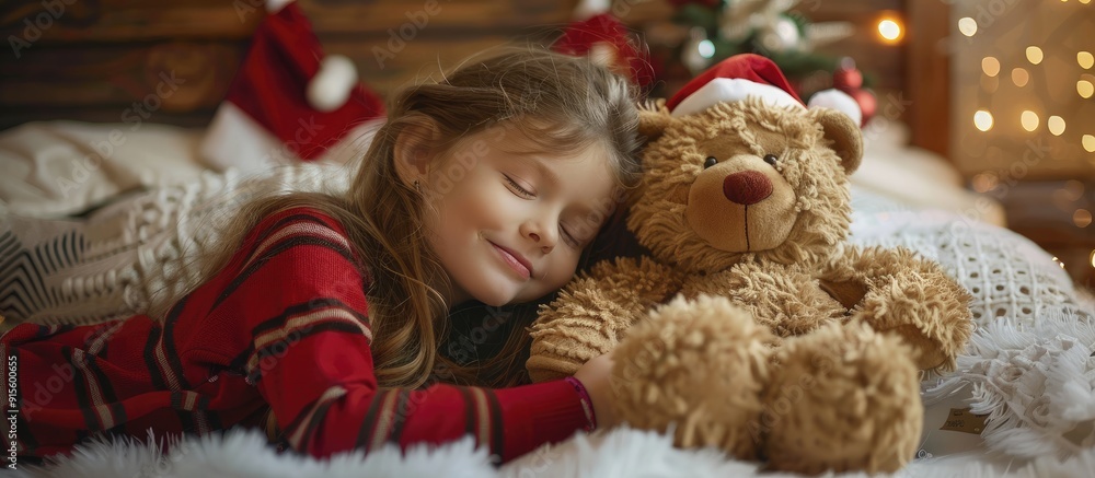 Children playing with a Teddy bear dressed as Santa Claus at home. with ...