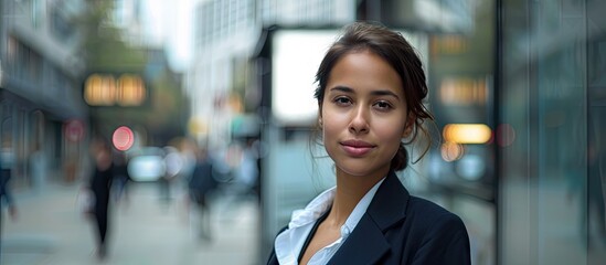 Portrait of a self assured businesswoman in an elegant suit standing on the street with a joyful expression as she looks into the camera Concept of a successful businesswoman. with copy space image