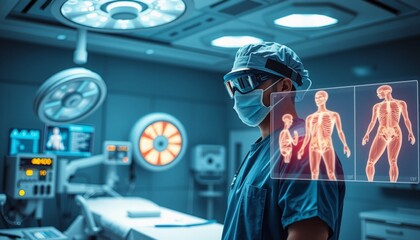 futuristic operating room showcasing a surgeon in scrubs using augmented reality glowing digital displays of anatomical models floating to the right intense concentration visi