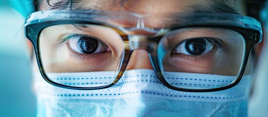 Wall Mural - Close up of an Asian doctor s open eye wearing protective PPE a face mask and eyeglasses. with copy space image. Place for adding text or design