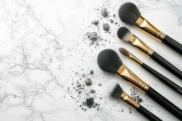 Makeup brushes and scattered eye shadow on white marble table,. Space for text 