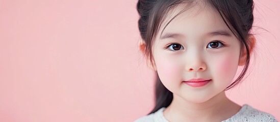 Asian cute little girl with a lovely expression set against a pink background. with copy space image. Place for adding text or design