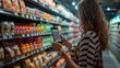 © COK House - Woman in grocery store scans QR code on sauce bottle with smartphone. Busy aisle with diverse products, vibrant shopping scene.