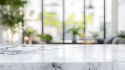Fototapete - Marble white stone table with blurred home design background with empty space mock up copy space