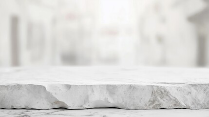 Poster - Marble white stone table with blurred white design background with empty space mock up copy space