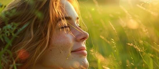 Wall Mural - Close up of a woman s face in an outdoor natural setting One side of her face features a green copyspace