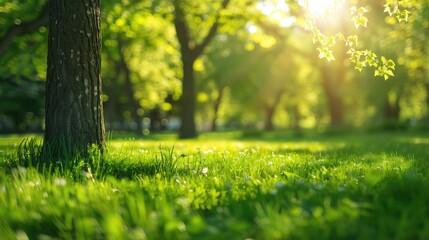 Sunny day. Green grass and bokeh in spring park.