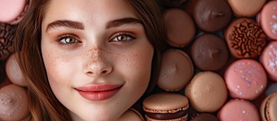 Wall Mural - A lovely girl with long brown hair surrounded by chocolate macarons on a brown background Toned image with selective focus. with copy space image. Place for adding text or design