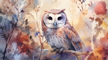 Canvas Print - Owl in nature Watercolor Style