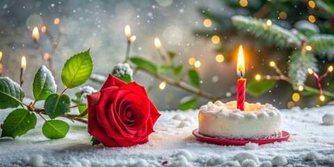 Winter wonderland birthday setup features alphabet-shaped candle, red rose, and scattered rose leaves on a snowy table, evoking joy and festive celebration.