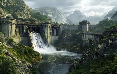 Detailed Photo of Hydroelectric Power Plant with Dam, Spillway, and Turbine House