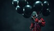 © Thanayut - the creepy clown grinning malevolently occupies the left side of the image holding a mass of black balloons that sway gently while the dark blurred background emphasizes t