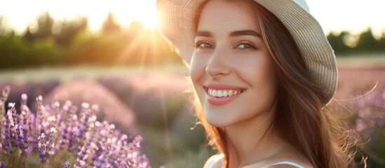 Wall Mural - Close up of a lovely smiling woman wearing a hat sitting in a summer lavender field on the grass Selective focus on the girl with long hair appreciating the fragrance of the aromatic flowers Copy spa