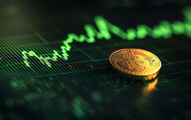 Leinwandbilder - High-Resolution Image of Green Financial Chart with Golden Coin in Foreground on Sleek, Dark Surface