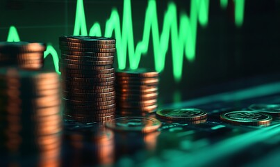 Leinwandbilder - Stack of Coins with Green Line Graph Showing Sharp Increase on Dark Gradient Background