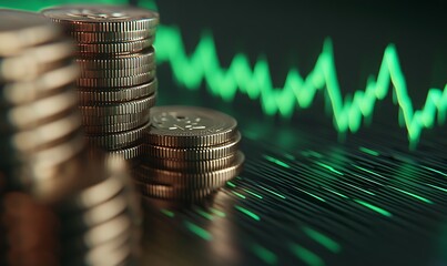 Leinwandbilder - Stack of Coins with Green Line Graph Showing Sharp Increase on Dark Gradient Background