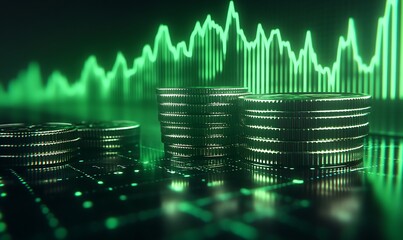 Leinwandbilder - Stack of Coins with Green Line Graph Showing Sharp Increase on Dark Gradient Background