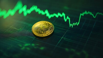 Leinwandbilder - Close-Up Photo of Green Financial Chart with Golden Coin on Dark Gradient with Glowing Green Highlights