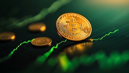 Leinwandbilder - Close-Up Photo of Green Financial Chart with Golden Coin on Dark Gradient with Glowing Green Highlights
