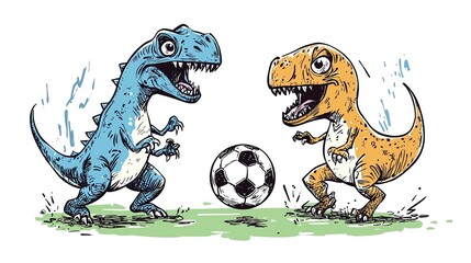 Two cartoon dinosaurs playing soccer with a classic black and white ball on a green field.