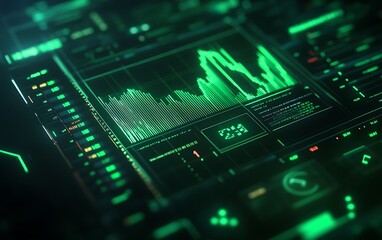 Leinwandbilder - Digital Screen Displaying Green Rising Stock Chart with Coin Symbol and Neon Elements