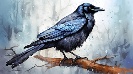 Canvas Print - Raven in nature Watercolor Style