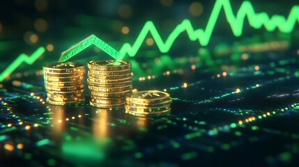 Aufkleber - Green Arrow Curving Upwards Around Stack of Golden Coins Symbolizing Growth