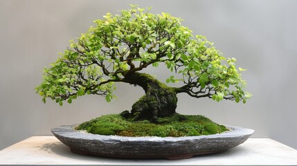 Wall Mural - Bonsai with smooth leaves and a compact shape, presented on a plain background to highlight its form