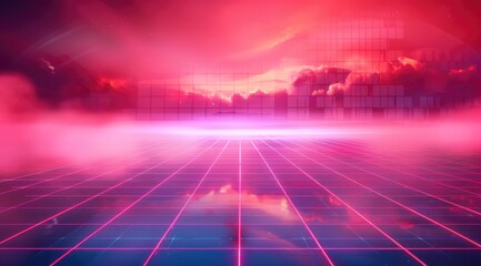 Red digital grid background with fog and smoke. Abstract retro wave vector illustration. Retro futuristic neon grid, laser light, laser beam, 80s style