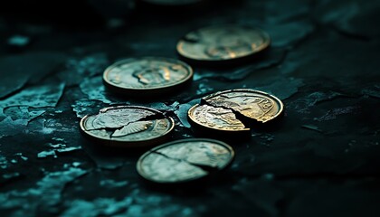 Poster - Close-Up of Cracked Coins Scattered Across Dark Surface Symbolizing Currency Fragility During Crisis