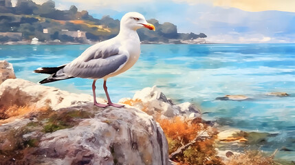 Canvas Print - Seagull in nature Watercolor Style