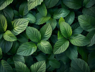 Poster - Lush green mint leaves growing densely in a vibrant garden under soft lighting