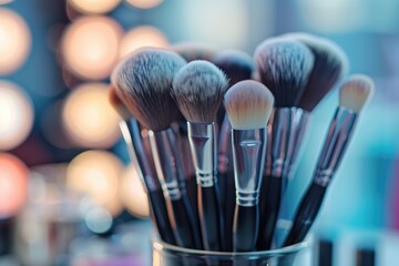 Wall Mural - Makeup brushes set in a holder on a blurred background