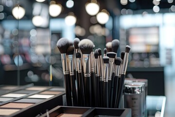 Canvas Print - Makeup brushes set in a holder on a blurred background