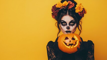 Wall Mural - A person dressed as a witch or other Halloween character holds a pumpkin, possibly for decoration or as a prop