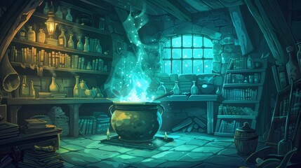 pot of magic potions of a witch in a room with books or potions