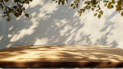 Poster - Wooden Tabletop With Sunlight and Leaf Shadows