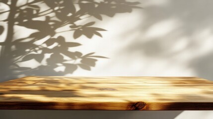 Poster - Sunlight Casting a Shadow of Leaves on a Wooden Table