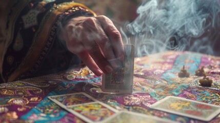 Mystical Moment: Hand Placing Final Card in Celtic Cross Tarot Spread Amid Incense Smoke