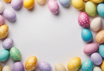 Easter banner with colorful Easter Egg double side border over a white background Top view with copy