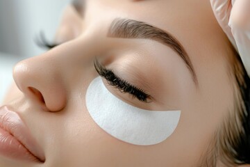 Young woman undergoing eyelash extensions procedure,