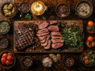 Wall Mural - Grilled Steak with Side Dishes and Coffee Beans on a Wooden Board