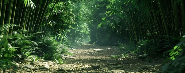 Dense bamboo forest with a winding path, 4K hyperrealistic photo