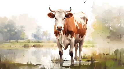 Cow in nature watercolor style