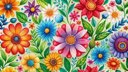 Wall Mural - Whimsical hand-drawn flower art in vibrant acrylic colors forms a seamless pattern on a natural floral background, evoking a vintage spring season art style.