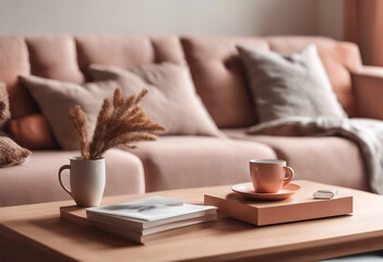 Minimal living room with wooden coffee table near sofa close-up Interior in trendy peach colors